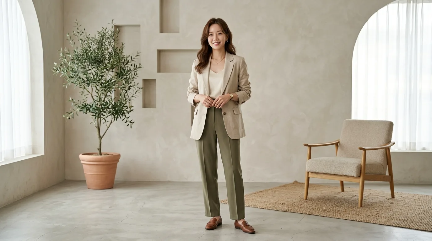 베이지 블레이저와 올리브 그린 팬츠로 활동적이면서도 세련된 가을 여행 룩.