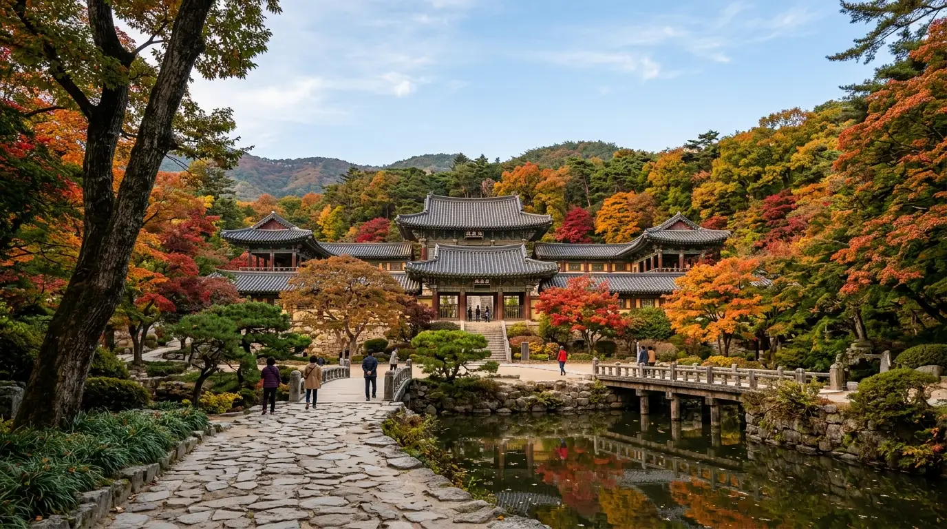 가을 단풍으로 물든 산속에 자리한 고즈넉한 사찰의 전경.