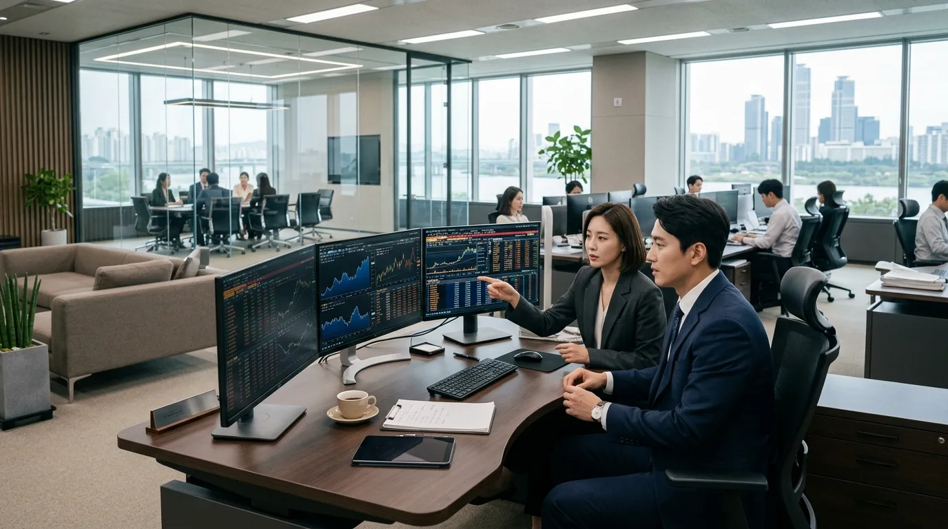 모니터에 표시된 다양한 데이터 흐름을 점검하며 자산 현황을 파악하는 모습