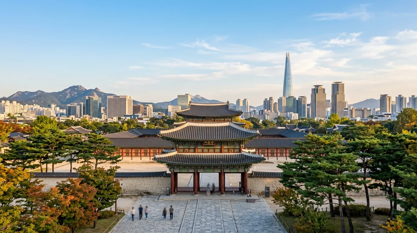 서울의 고궁과 현대적인 빌딩들이 어우러진 가을 풍경.