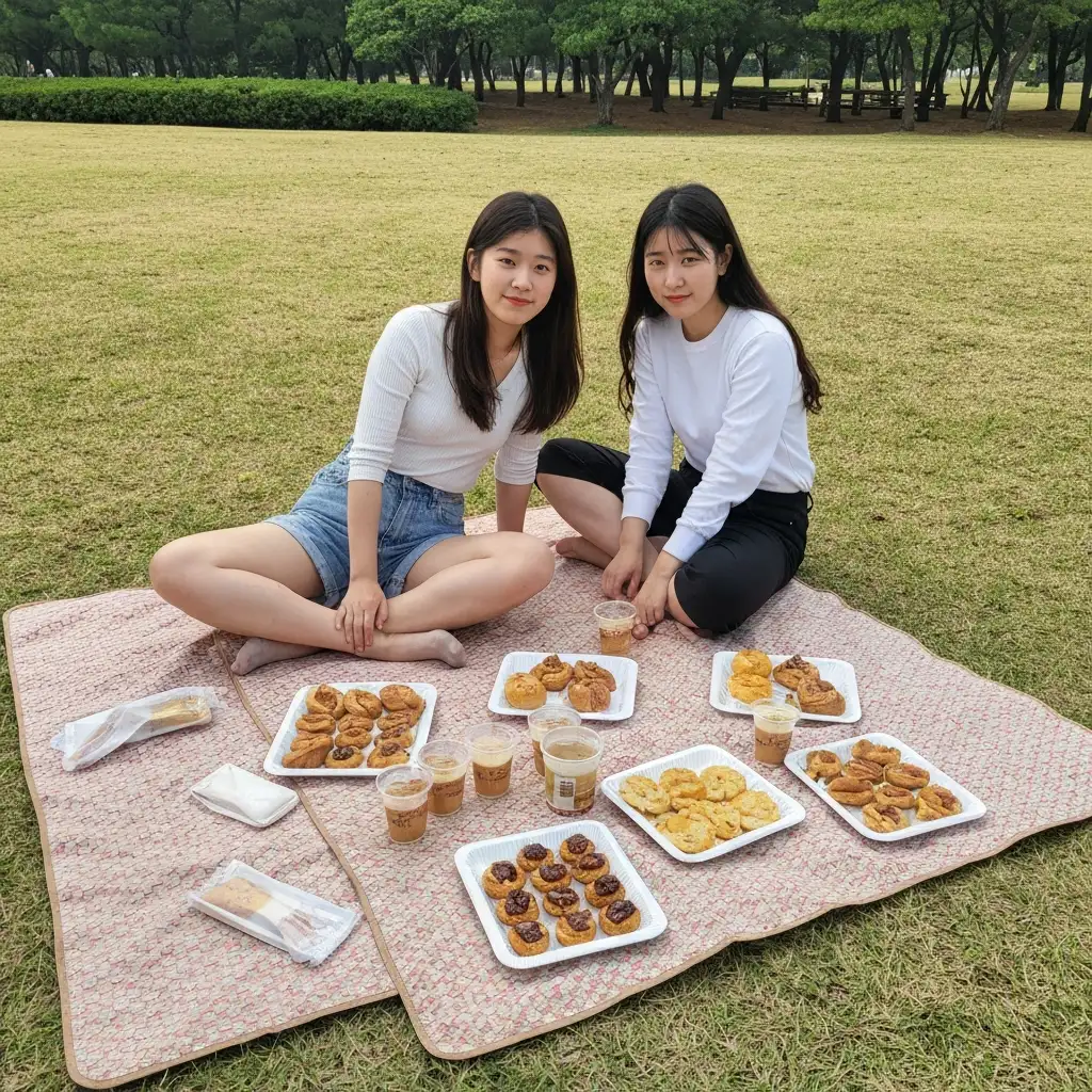 잔디밭 위 돗자리에 다양한 디저트와 음료를 차려놓고 미소를 짓고 있는 두 사람.